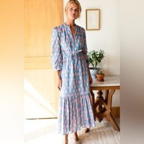 Emerson Fry India Collection Frances Dress Blue PInk Cotton XS - Picture 1 of 15
